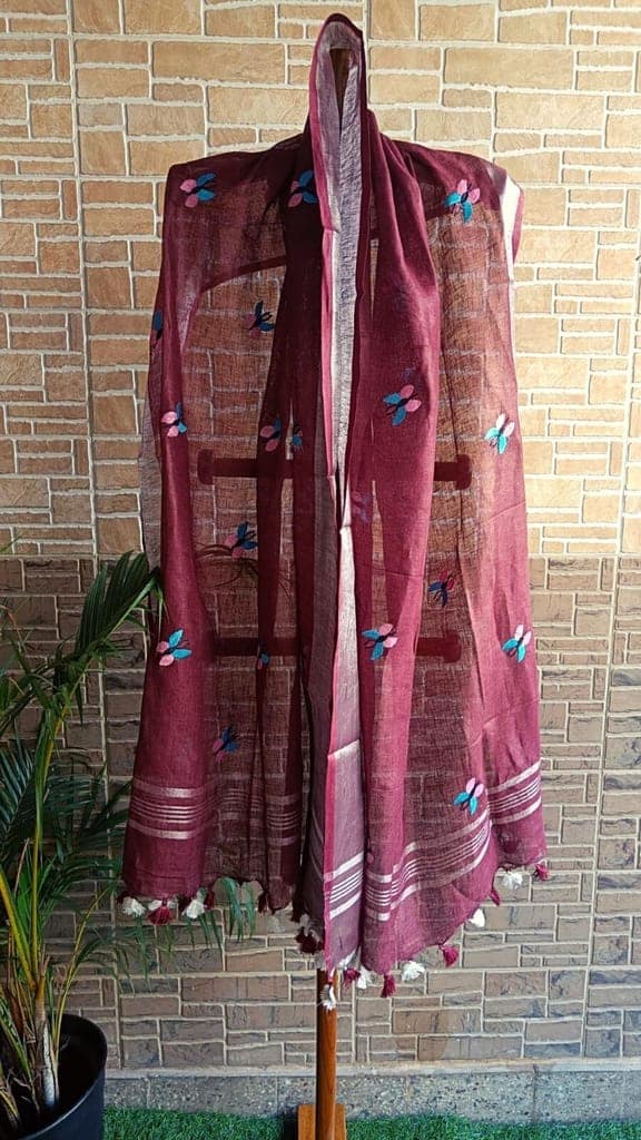 Pure Linen Dupatta Embroidered Wine Red Color with Tassel-5431 view 2