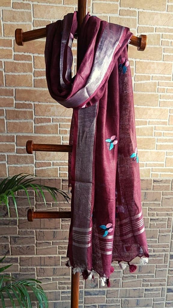Pure Linen Dupatta Embroidered Wine Red Color with Tassel-5431 view 3