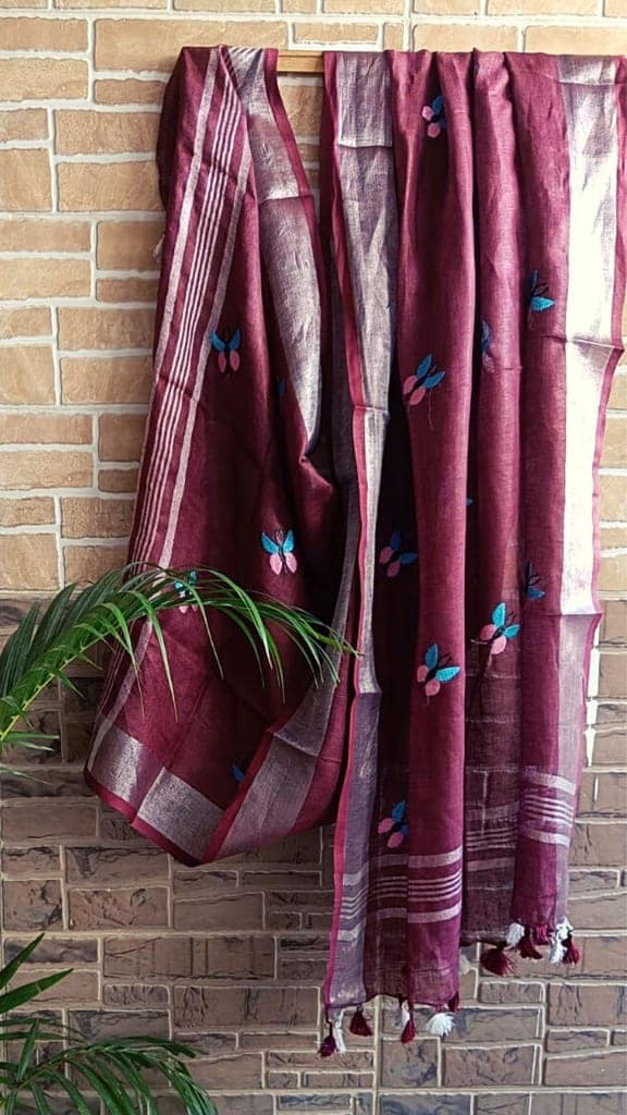 Pure Linen Dupatta Embroidered Wine Red Color with Tassel-5431 view 4