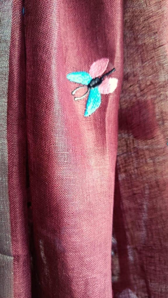 Pure Linen Dupatta Embroidered Wine Red Color with Tassel-5431 view 5