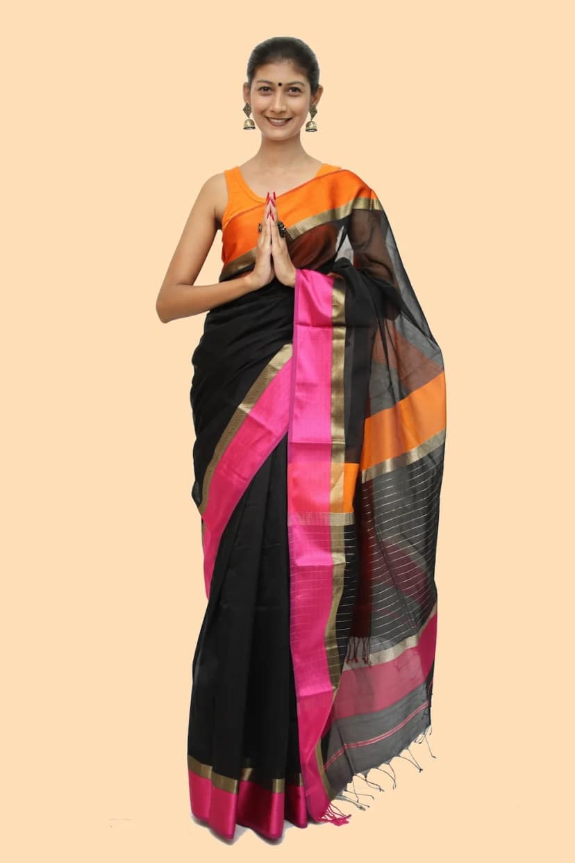 Black Striated Rich Border handloom Saree with Tassels view 3