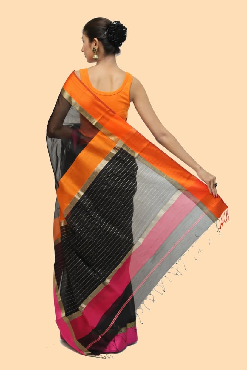 Black Striated Rich Border handloom Saree with Tassels view 4