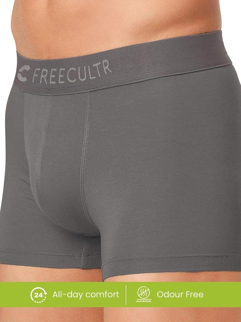 FREECULTR Men's Underwear Anti Bacterial Micromodal Airsoft Trunk - Non Itch No Chaffing Sweat Proof - Pack of 3-Space Blue,Mist Grey,Avocado Green view 6
