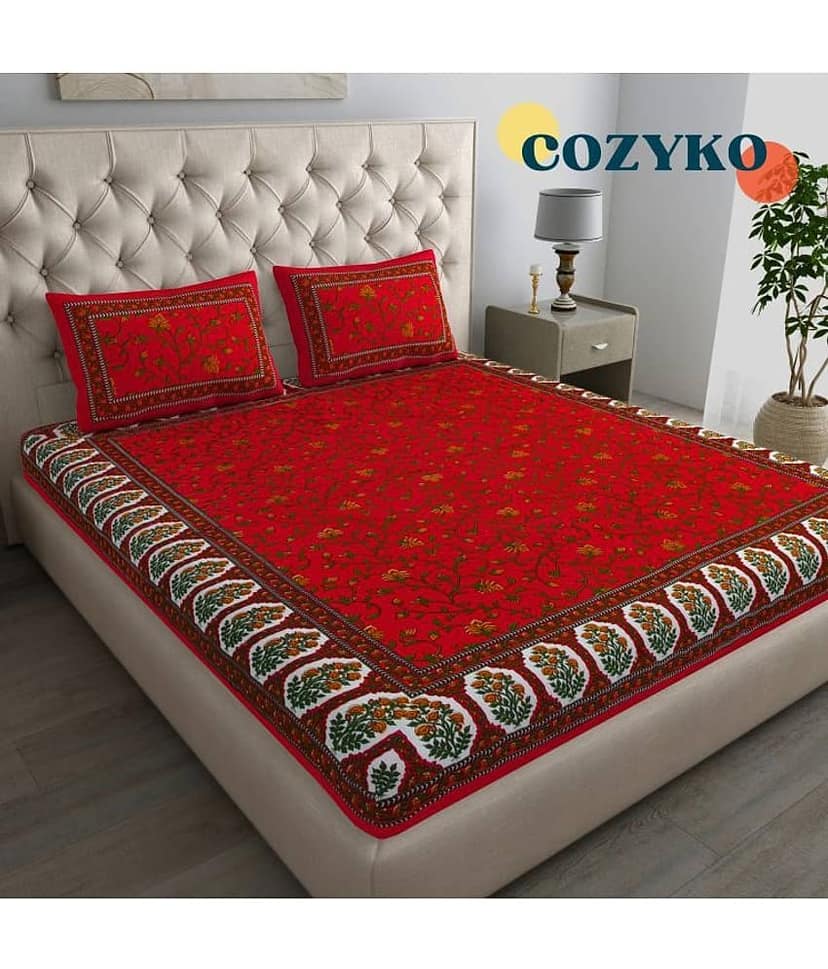 COZYKO Cotton 1 Double Bedsheet with 2 Pillow Covers ( Red )