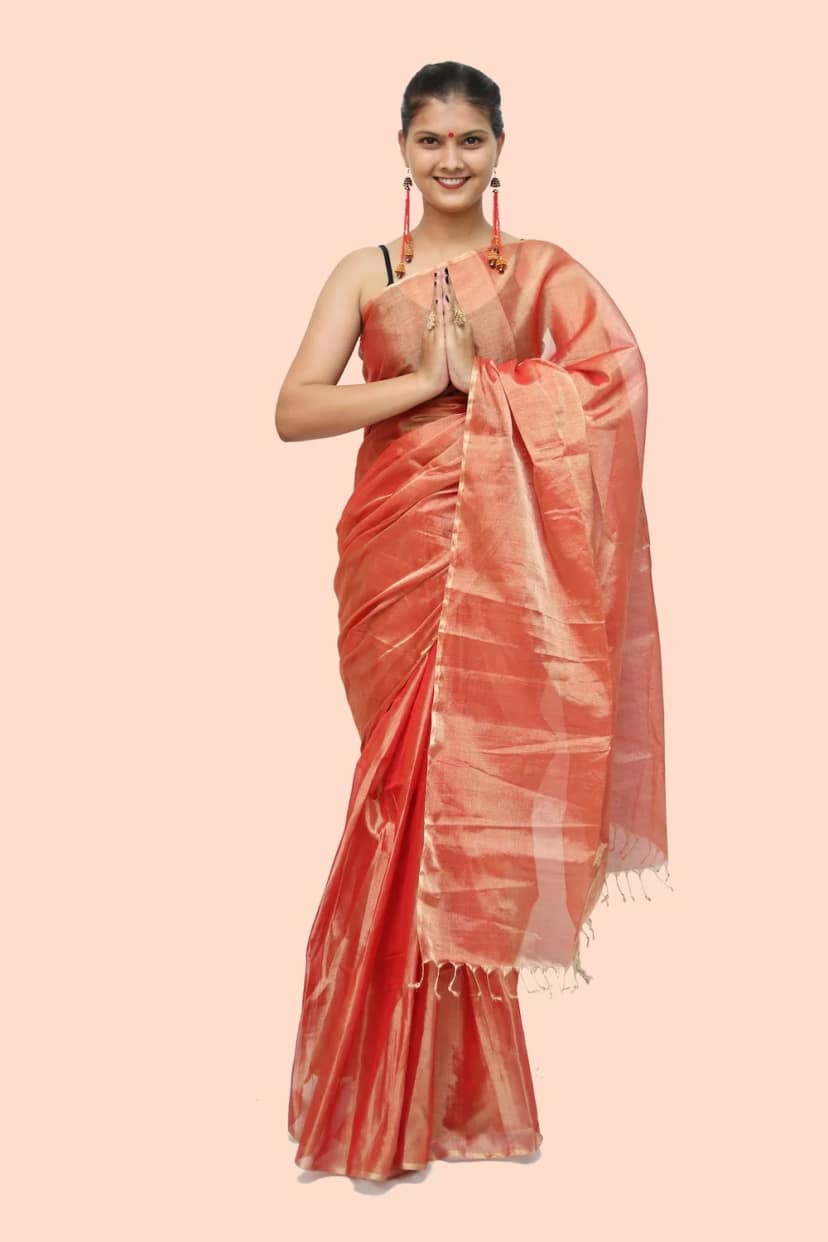 Imperial Maheshwari handloom Tissue Saree with Tassels – Red view 3