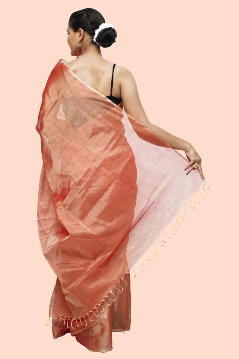 Imperial Maheshwari handloom Tissue Saree with Tassels – Red view 4