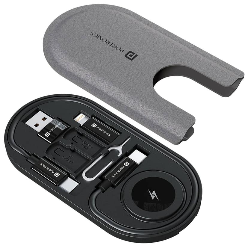Portronics Snapcase 6 60W Multifunctional Charging Data Cable Kit with Wireless Watch Charging, Type C to Type C Cable, USB-A, Type-C, 8-Pin connectors, SIM & SD Card Slots - Black