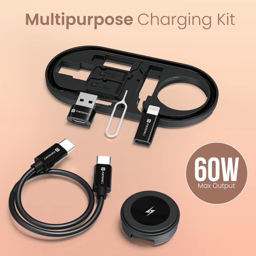 Portronics Snapcase 6 60W Multifunctional Charging Data Cable Kit with Wireless Watch Charging, Type C to Type C Cable, USB-A, Type-C, 8-Pin connectors, SIM & SD Card Slots - Black view 3