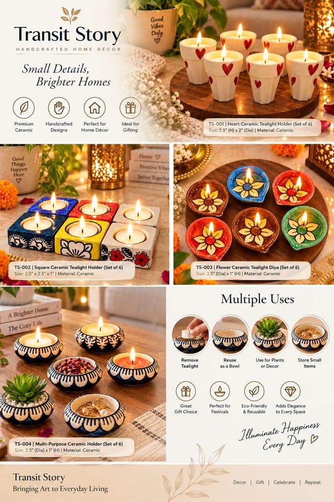 DHRUVINSRI Handmade Ceramic Diya & Tealight HolderI Reusable, Ecofriendly | Decorative Multi-Purpose Festive Home Decor-3 Pc view 3