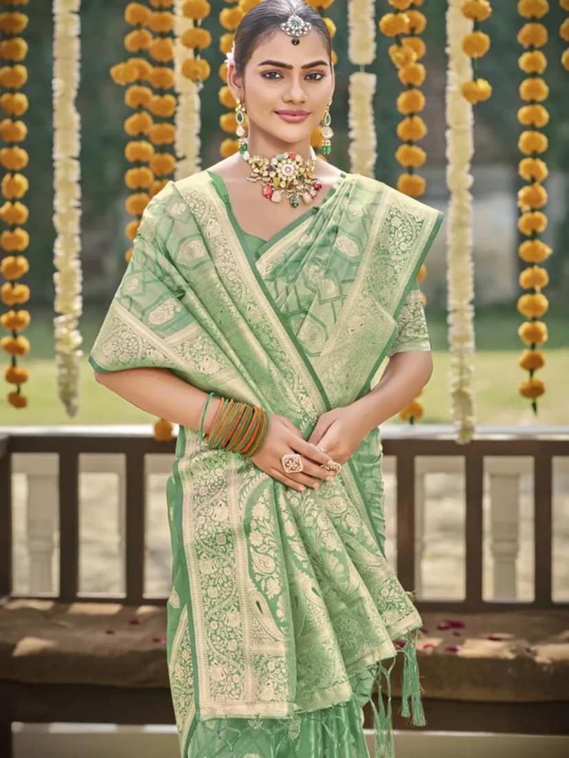 Light Green Satin Silk Saree view 2