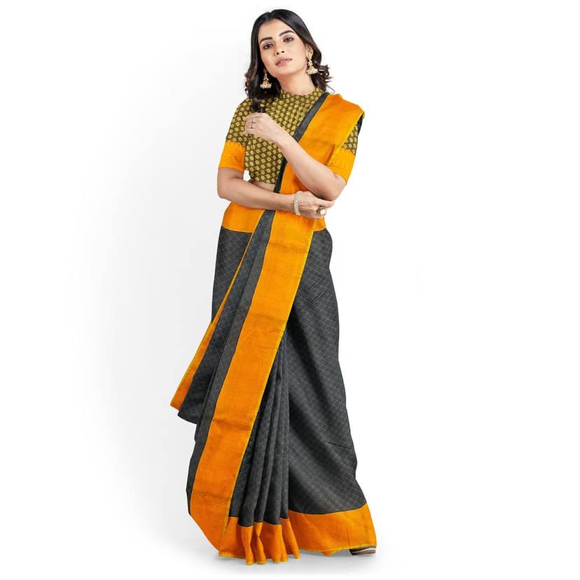 Black Color Soft Kora Muslin Saree with Unstitched Blouse view 3