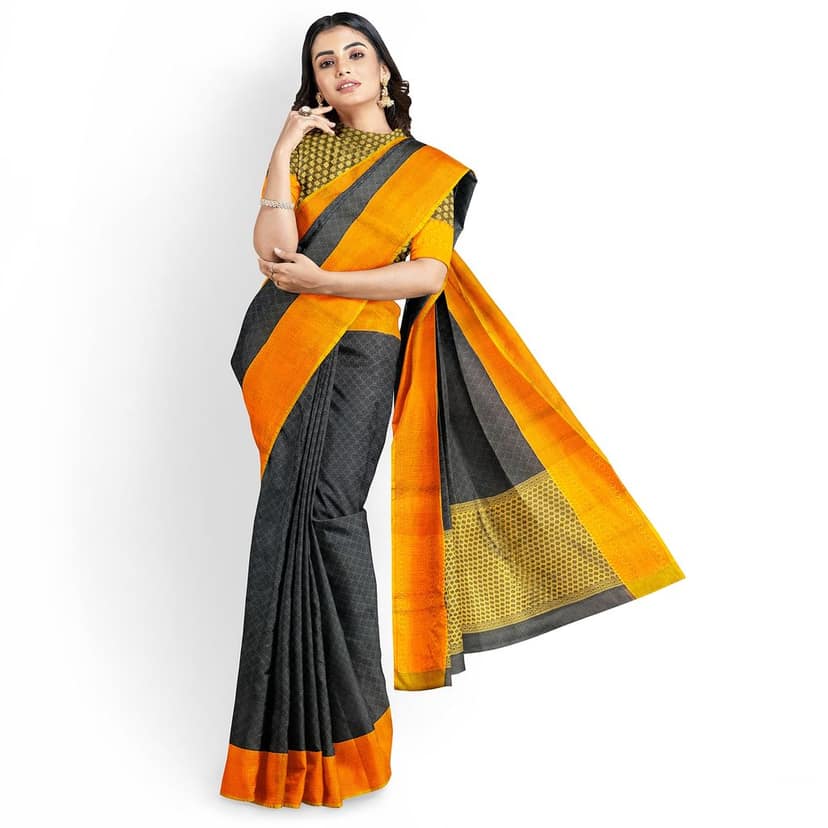 Black Color Soft Kora Muslin Saree with Unstitched Blouse view 4