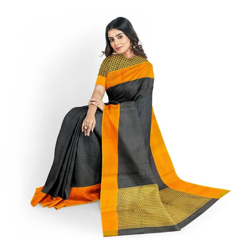 Black Color Soft Kora Muslin Saree with Unstitched Blouse view 5