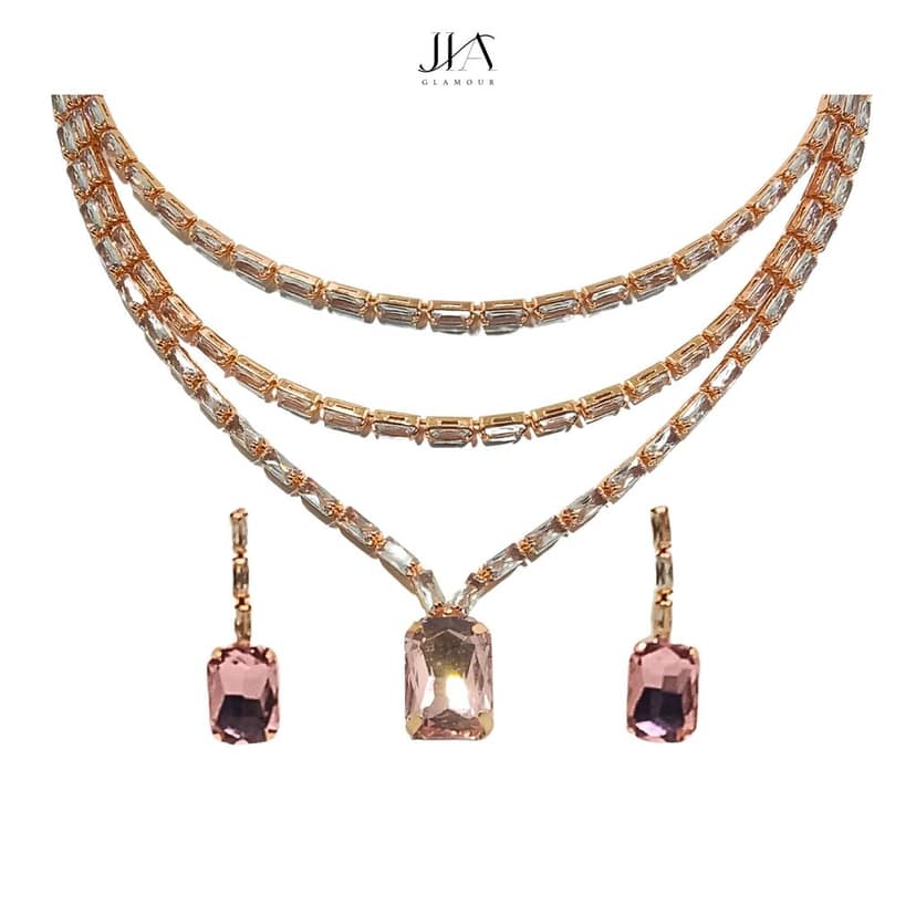 Jia Glamour - Luxury Handcrafted Rose Gold Plated AD Necklace Set with Earrings - Pink Stones, Suited for Party Casual Formal for Women