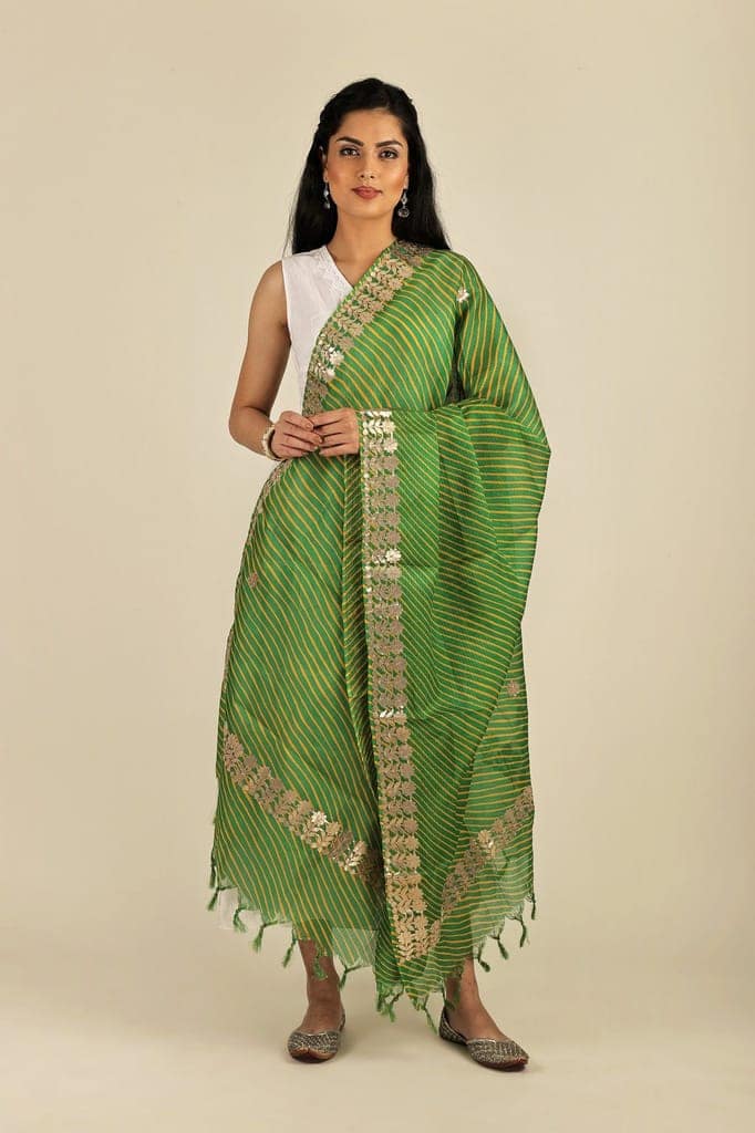 Jolly-Green Leheria Kota Doria Extra-Wide Dupatta from Jodhpur with Gota Border view 3