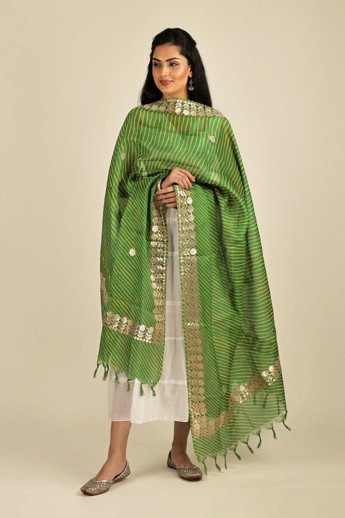 Jolly-Green Leheria Kota Doria Extra-Wide Dupatta from Jodhpur with Gota Border view 4