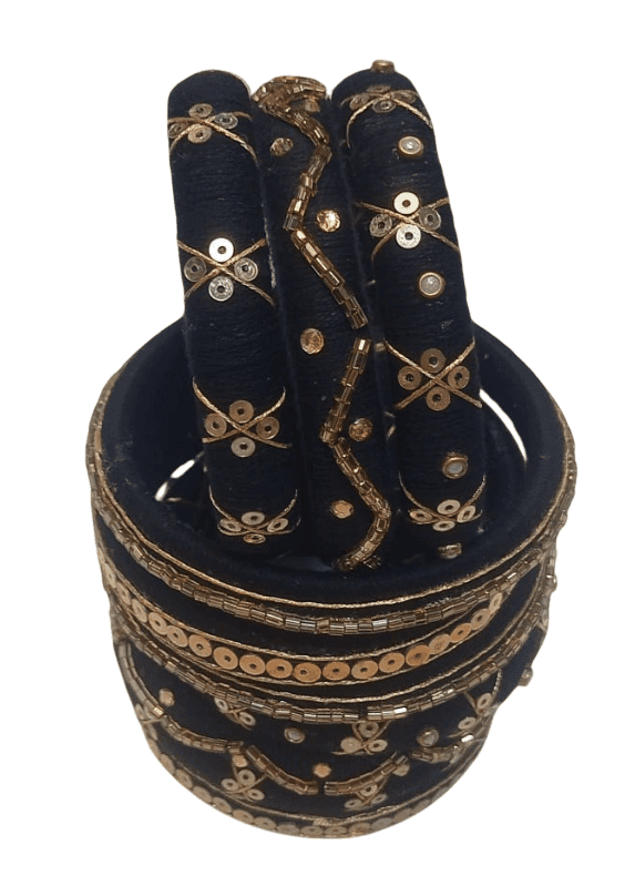 Black Bangle Set with Golden Embroidery and Pearl Accents view 2