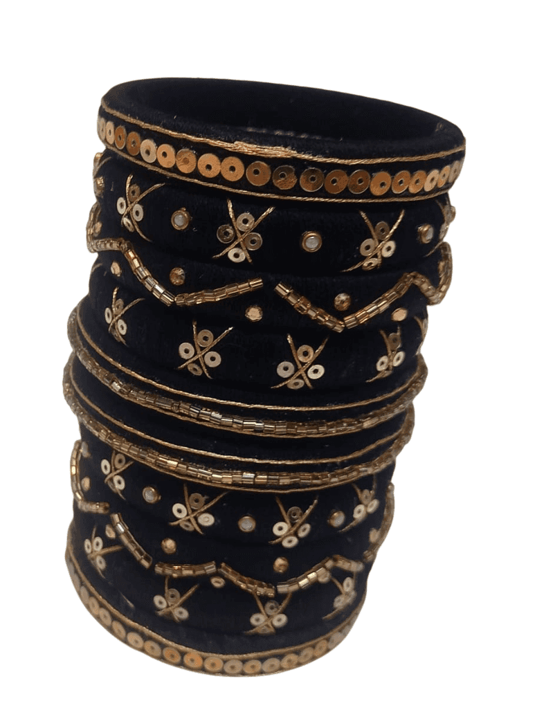 Black Bangle Set with Golden Embroidery and Pearl Accents view 4