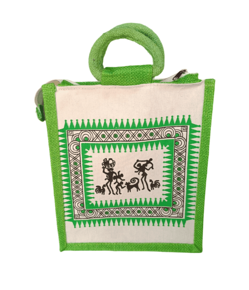 Handcrafted Green Jute Lunch Bag with Warli Painting - Eco-Friendly and Reusable Tiffin Bag for Office, School, and Travel (Medium)