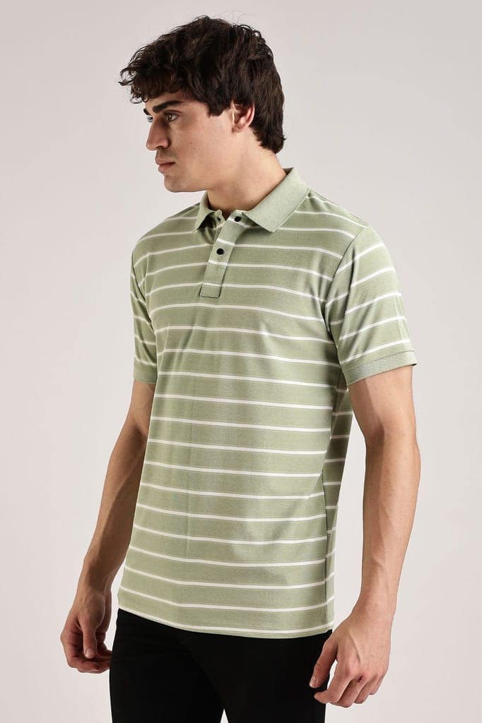 Pollycotton Light Green Striped Polo view 4