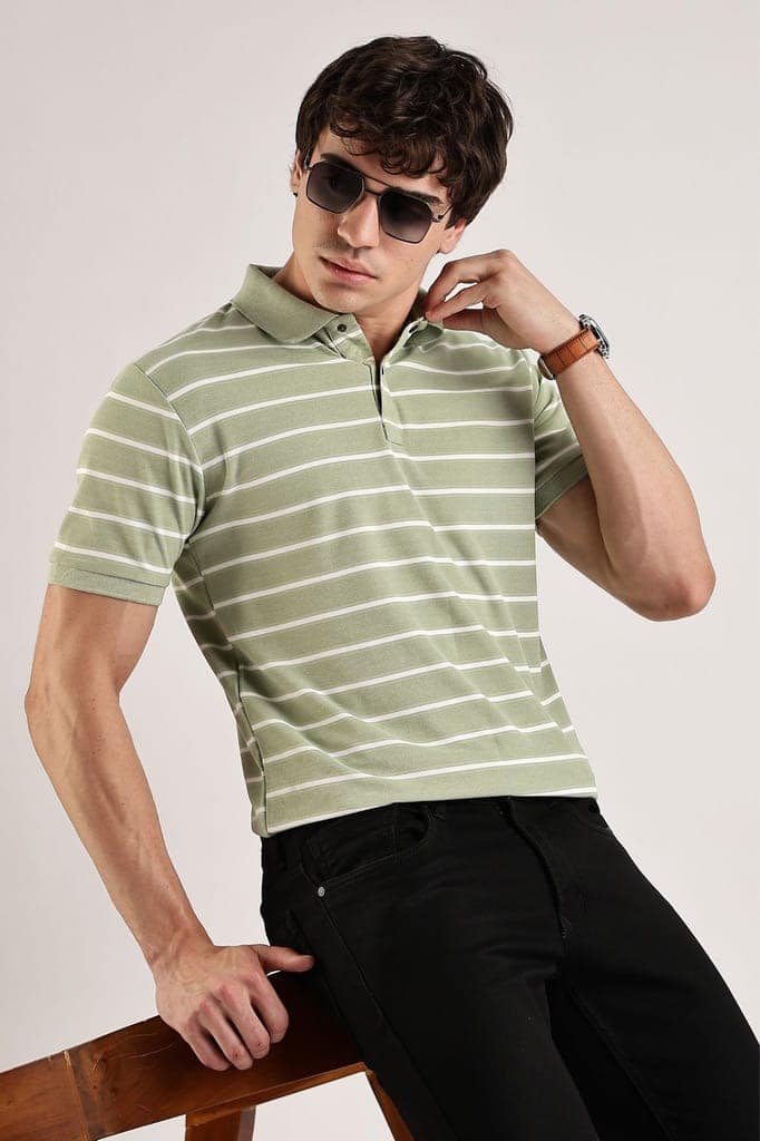 Pollycotton Light Green Striped Polo view 6