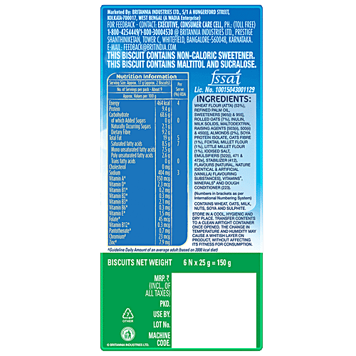 Britannia Nutrichoice Essentials Oats Cookies - No Added Sugar & Diabetic Friendly, Rich In Dietary Fibre, 150 G view 2