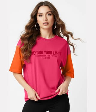 Leotude Women Cotton Blend Printed Oversized Fit Round Neck T-Shirt ( Pink )