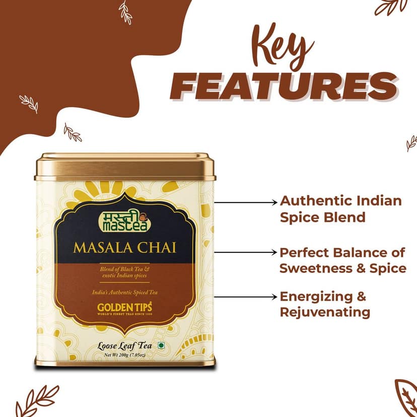 Golden Tips Masala Chai, Classic Indian Spiced Tea with Natural Black Tea, Ginger, Cardamom, Cloves & Cinnamon, Rich, Bold & Aromatic (200 Gram, 100 cups) Visit the Golden Tips Store view 3