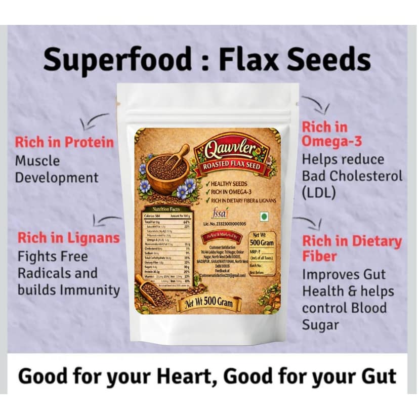 Qawvler Roasted Flax Seeds Alsi | Crunchy, Fresh & Nutrient-Rich | High Fiber Protein & Omega-3 Superfood | Perfect for Smoothies, Salads & Snacks | 500g Pouch view 8