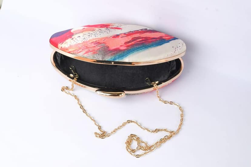 Multicolor digital printed oval shape hand clutch cum sling bag view 3
