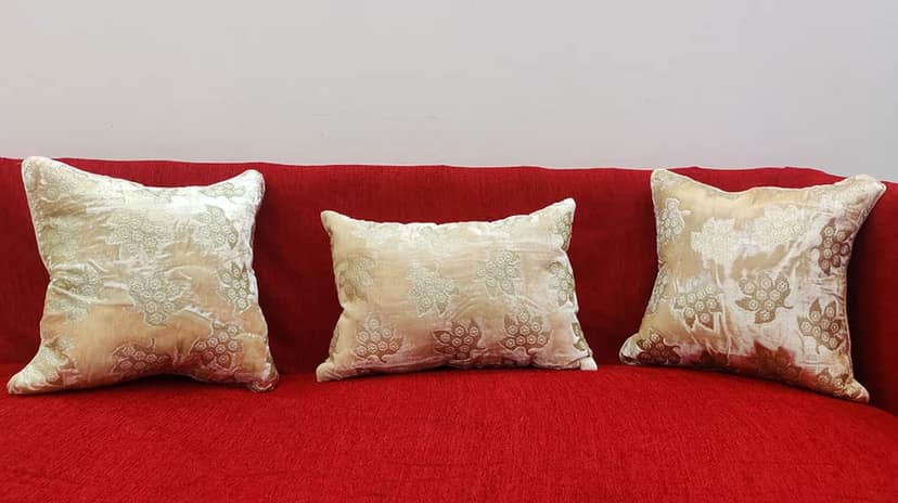 Ivory Golden Cushion Cover with Leaf Embroidered Stitched Zippered Velvet Combo Cushion Cover (16x16 inch and 30 x 45 cm) Set of 3 view 2