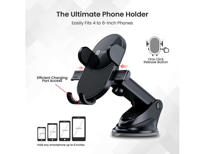Portronics Clamp M3 Adjustable Car Mobile Phone Holder Stand for Dashboard & Windshield, 360 Rotational, Strong Suction Cup, Compatible with 4 to 6 inch Devices view 2