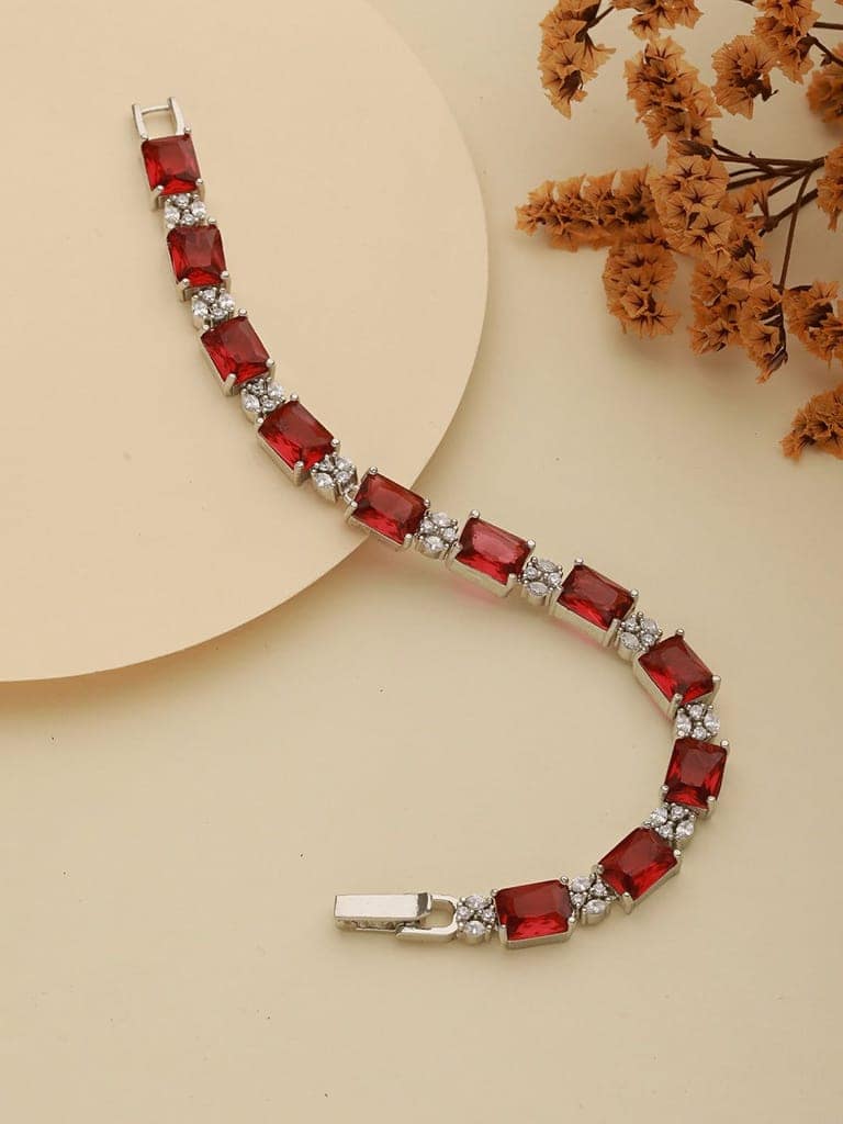Silver Toned Red AD Studded Minimal Link Tennis Bracelet view 2