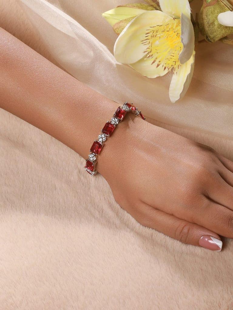 Silver Toned Red AD Studded Minimal Link Tennis Bracelet view 4