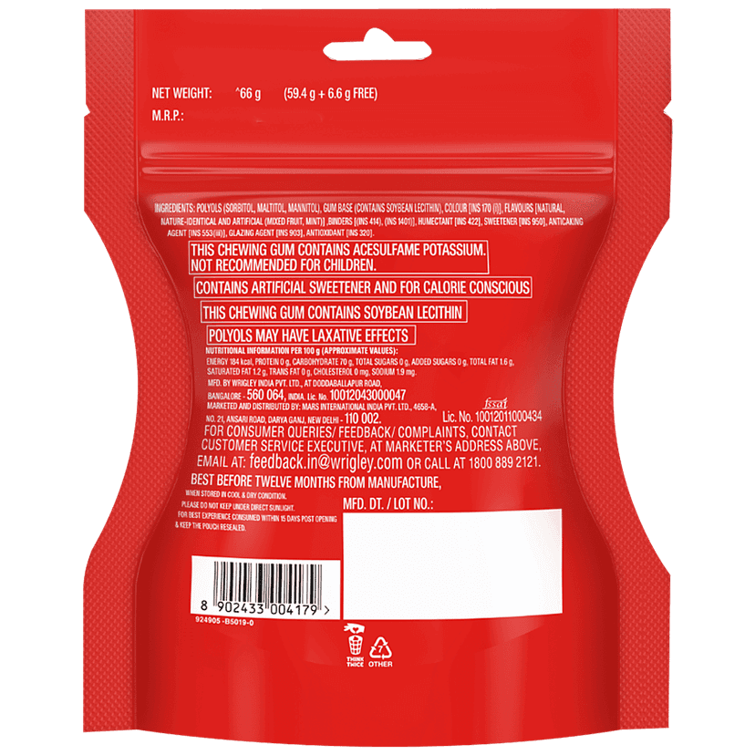 Orbit Chewing Gum - Mixed Fruit Flavour, Eat, Drink, Chew, Sugar Free, 66 G (10% Extra, Home Pack) view 2