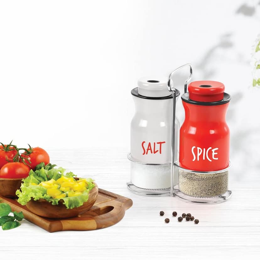 Treo By MILTON Zingy Salt and Pepper Shakers Set with Adjustable Pour Holes & Stand, Glass Bottom Spice Dispenser, Set of 2, Red & White view 3