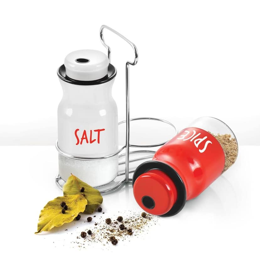 Treo By MILTON Zingy Salt and Pepper Shakers Set with Adjustable Pour Holes & Stand, Glass Bottom Spice Dispenser, Set of 2, Red & White view 4