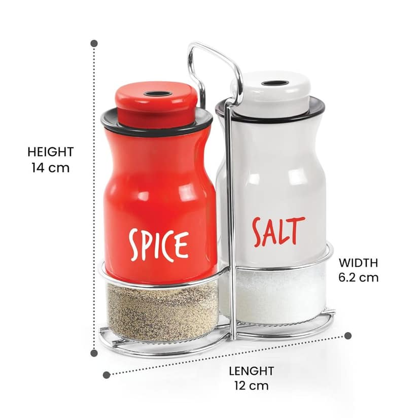 Treo By MILTON Zingy Salt and Pepper Shakers Set with Adjustable Pour Holes & Stand, Glass Bottom Spice Dispenser, Set of 2, Red & White view 5