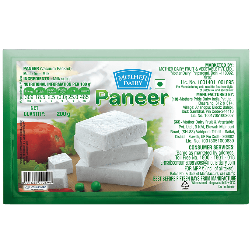 Mother Dairy Fresh Paneer, 200 G Pouch