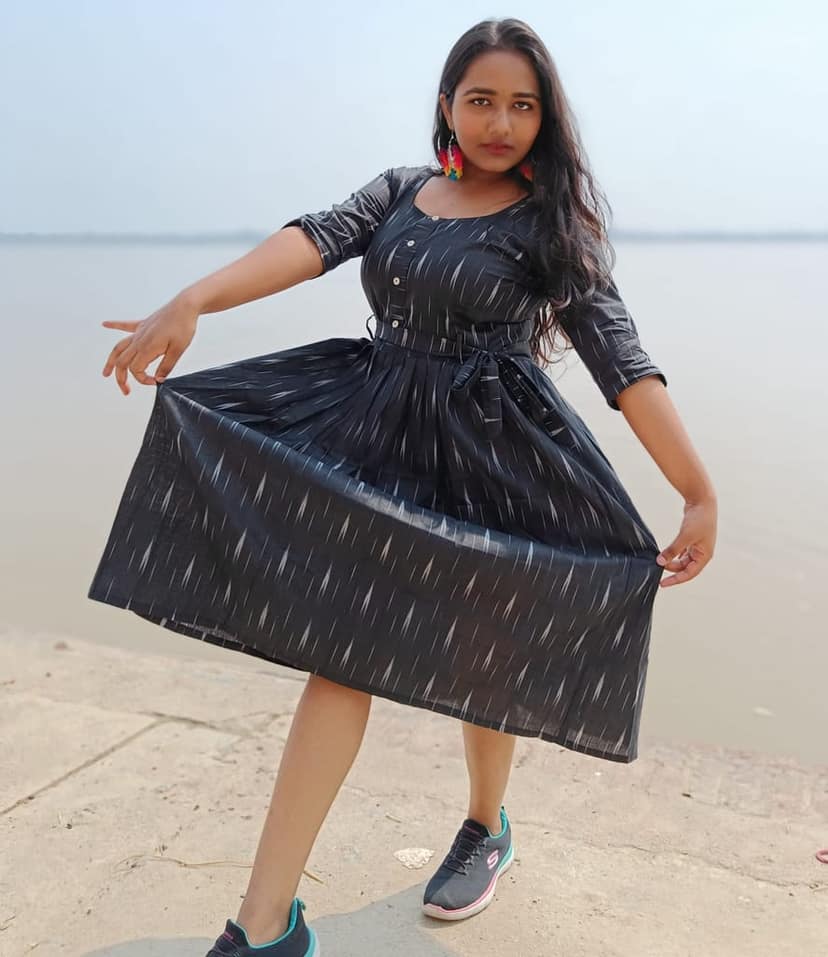 Pure Cotton Ikkat Dress Rustic Black Colour (Size XXS(32) to Plus Size(56))-7593 view 3