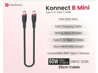 Portronics Konnect B Mini USB-C to USB-C Cable, 60W, 25cm - Black