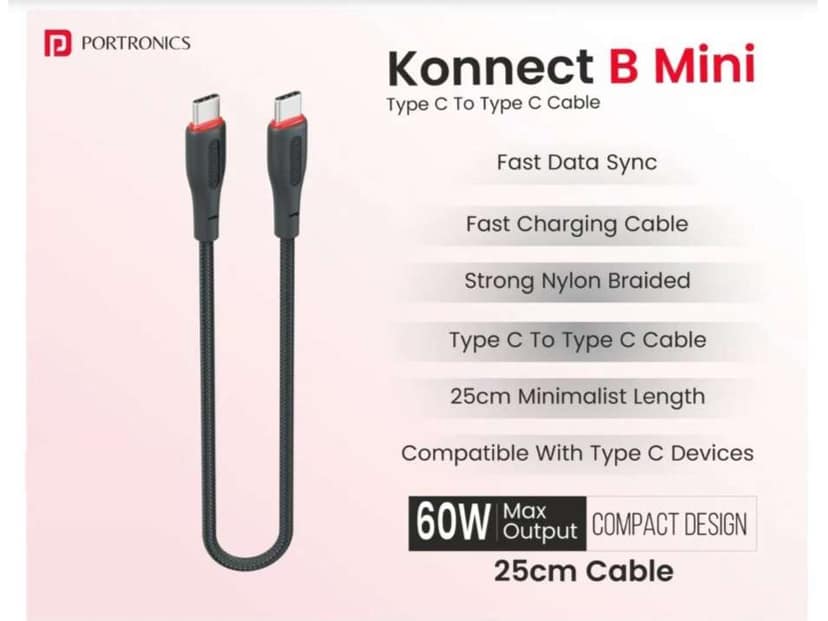 Portronics Konnect B Mini USB-C to USB-C Cable, 60W, 25cm - Black