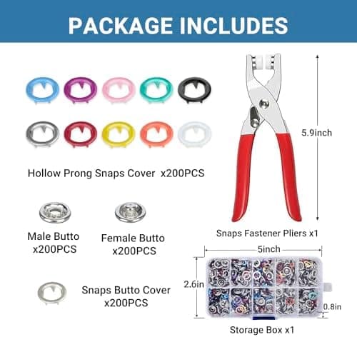 200 Sets Metal Snap Buttons with Fastener Pliers Press Tool Kit, 10 Colors Hollow Sewing Snaps for Fabric,Prong Snap Button Kits for DIY Crafting Clothing Sewing (9.5mm / 800 PCS) view 3