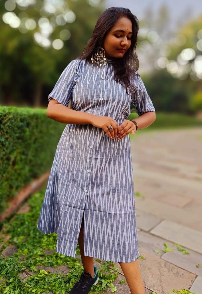 Pure Cotton Ikkat Dress Bossonova Grey Colour (Size XXS(32) to Plus Size(56))-5918 view 2