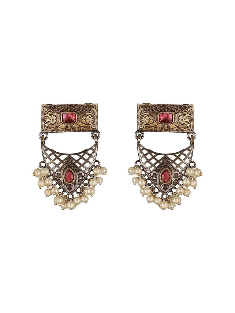 Silver Oxidised Dual Toned Red Stone & Pearl Beaded Filigree Designer Fusion Hasli Necklace Jewellery Set view 5