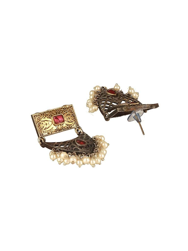 Silver Oxidised Dual Toned Red Stone & Pearl Beaded Filigree Designer Fusion Hasli Necklace Jewellery Set view 8