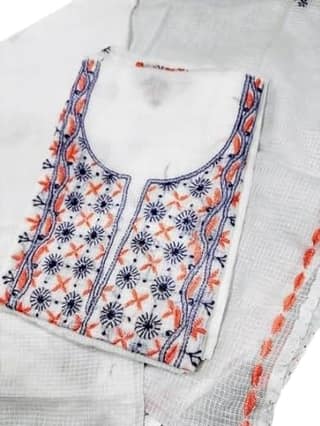 Tulip Handcrafted Kota Doria Unstitched Suit Fabric with Embroidery � White Base with Blue & Orange Floral Work