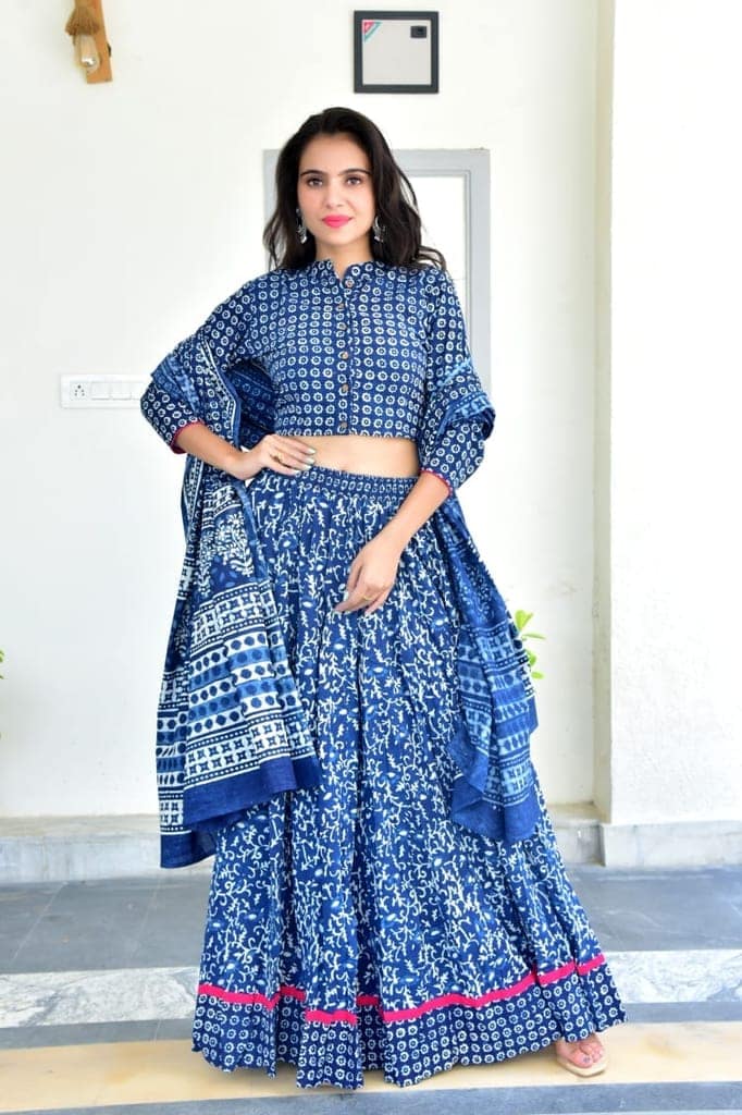 Cotton Lehanga Handblock Printed Tory Blue Color and Top With Mulmul Dupatta (Size 34-46)-2586