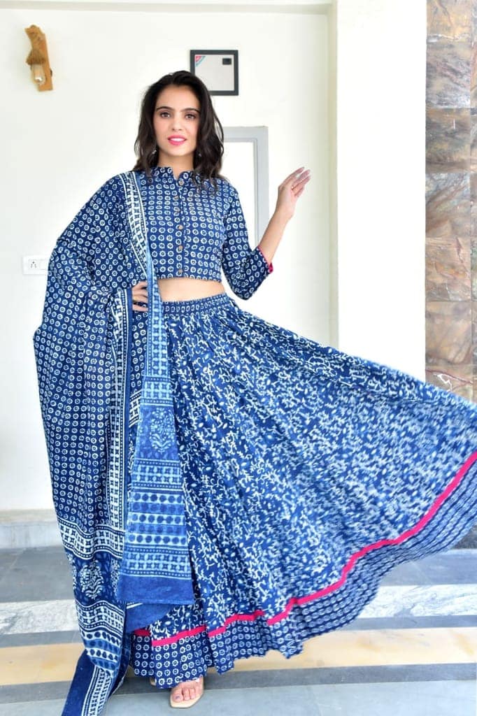 Cotton Lehanga Handblock Printed Tory Blue Color and Top With Mulmul Dupatta (Size 34-46)-2586 view 2