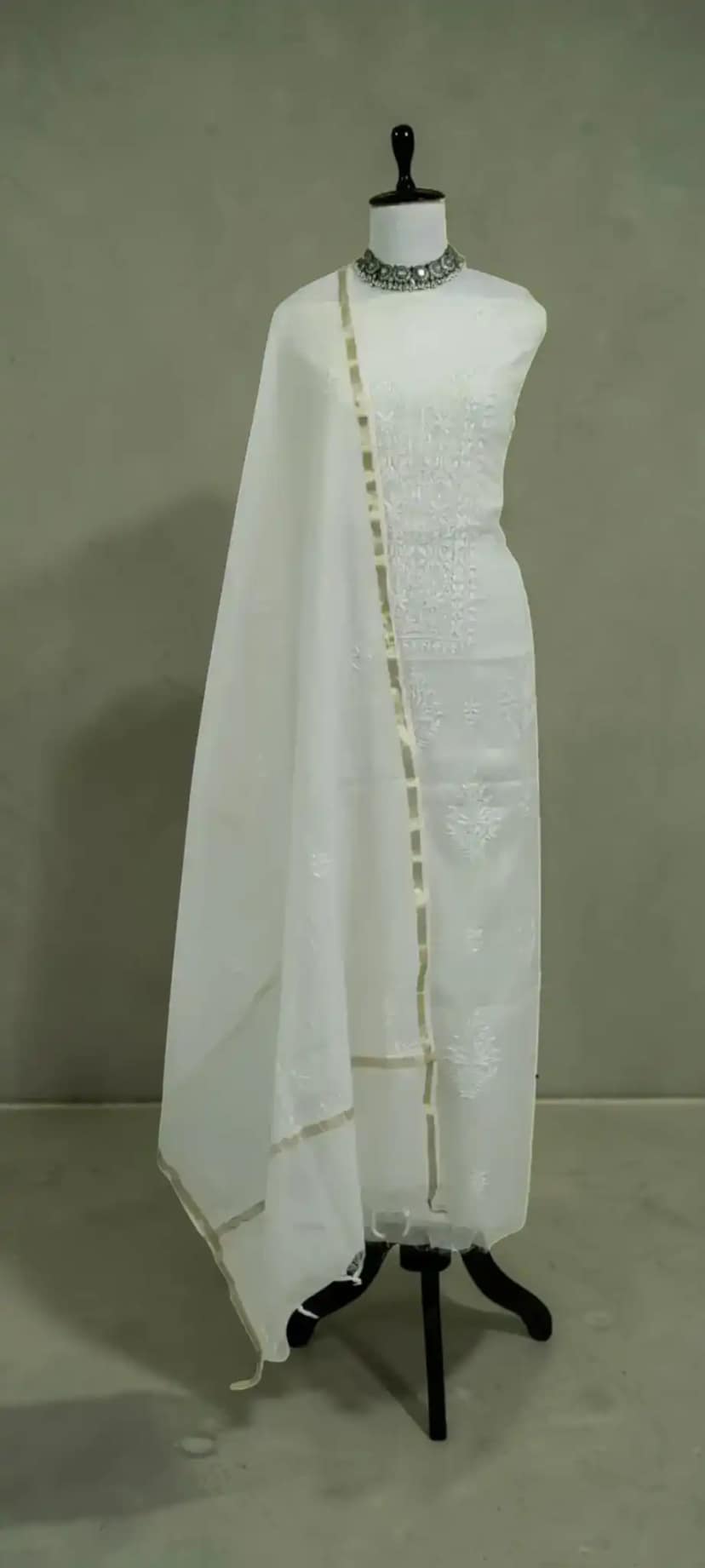 White Mul Cotton Chikankari Dress Material with Dupatta, Hand Embroidered